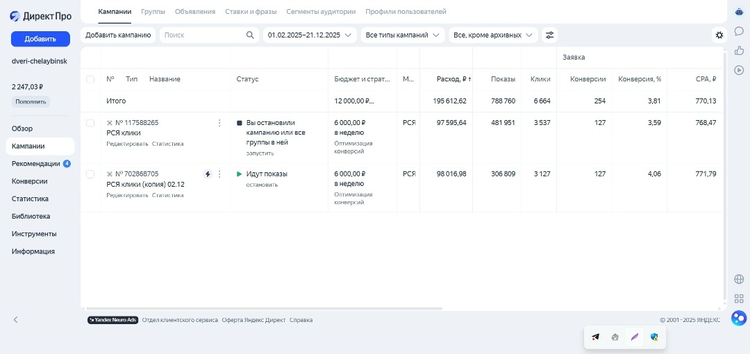 Скрин с рекламного кабинета Яндекс
