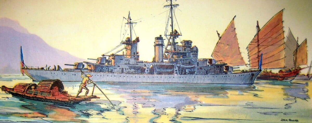 Небольшое рыболовецкое судно на фоне канонерки (боевой корабль с мощным артиллерийским вооружением для боев в прибрежных морских зонах)