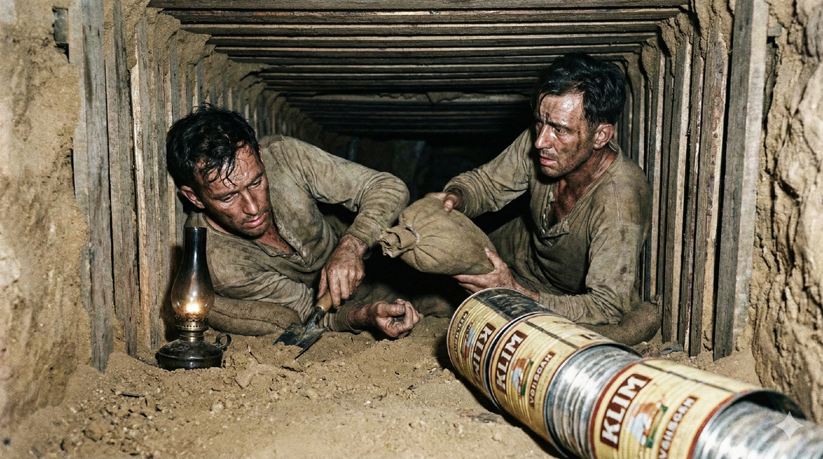 Инженерный гений под землей. Кадр демонстрирует нечеловеческие условия, в которых велась работа. Пленные посменно копали песок в узких норах, освещая путь жировыми лампами. Стены укрепляли досками, украденными с лагерных нар, а воздух подавали через уникальную систему, собранную из сотен пустых банок «Klim».