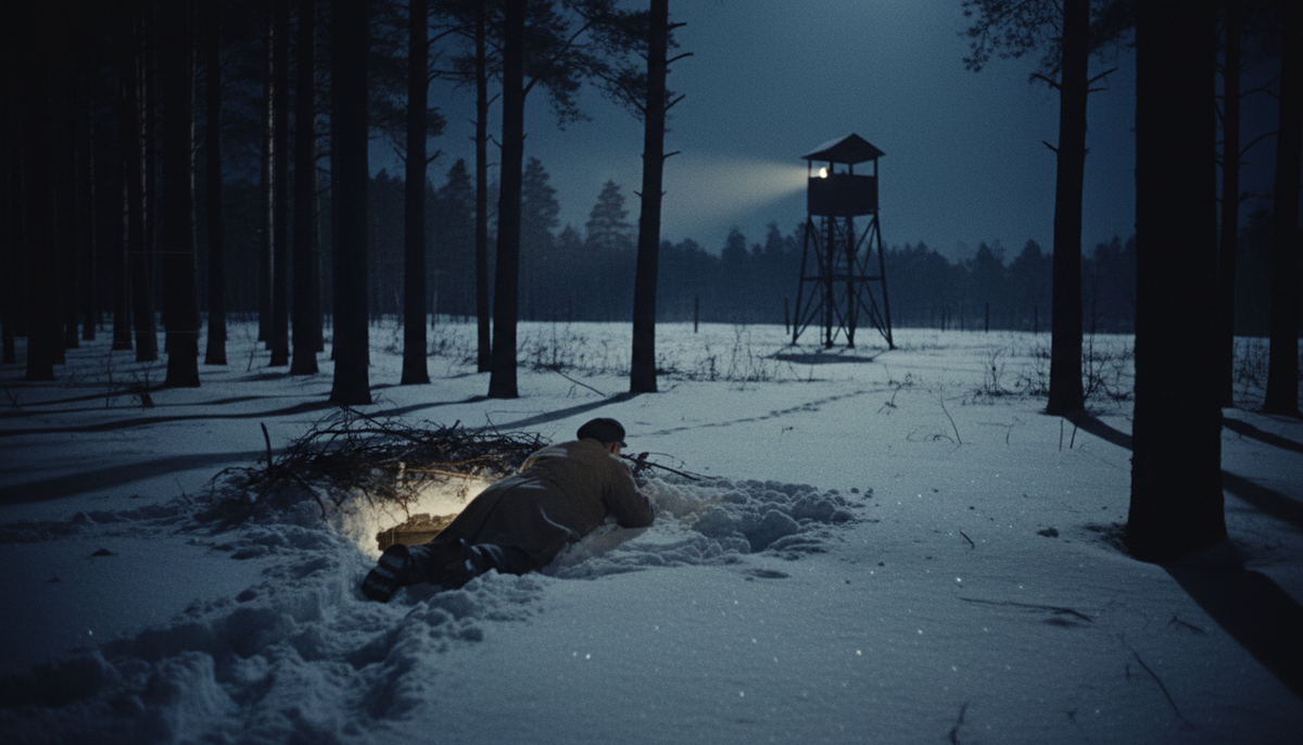 Роковые метры. Из-за трагического просчета инженеров выход из туннеля оказался не в гуще леса, а на открытой местности, всего в 15 метрах от пулеметной вышки. Беглецам приходилось ползти по снегу под носом у охраны, выгадывая моменты, когда луч прожектора отворачивался в сторону.