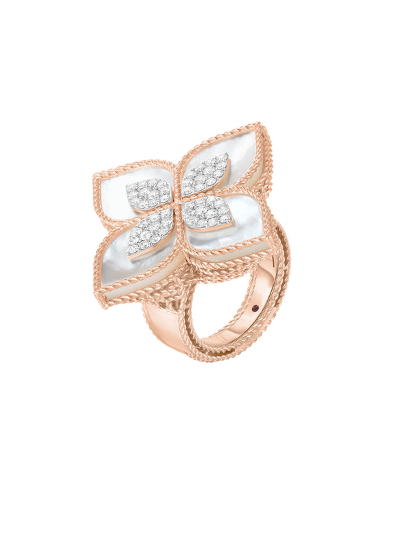 Кольцо Roberto Coin Princess Flower из розового и белого золота с бриллиантами, перламутром и рубином