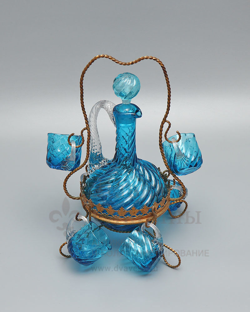 Антикварный ликерный сервиз из цветного стекла на изящной латунной подставке, Россия, кон. 19 в. 