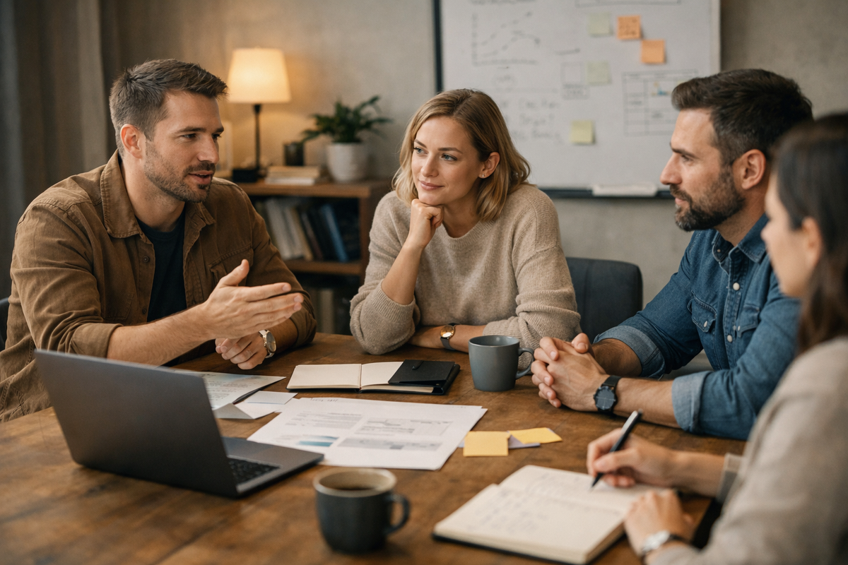 Обсуждение стратегии за рабочим столом. Не презентация и не продажа — разговор, в котором ищут правильное решение под задачу бизнеса.