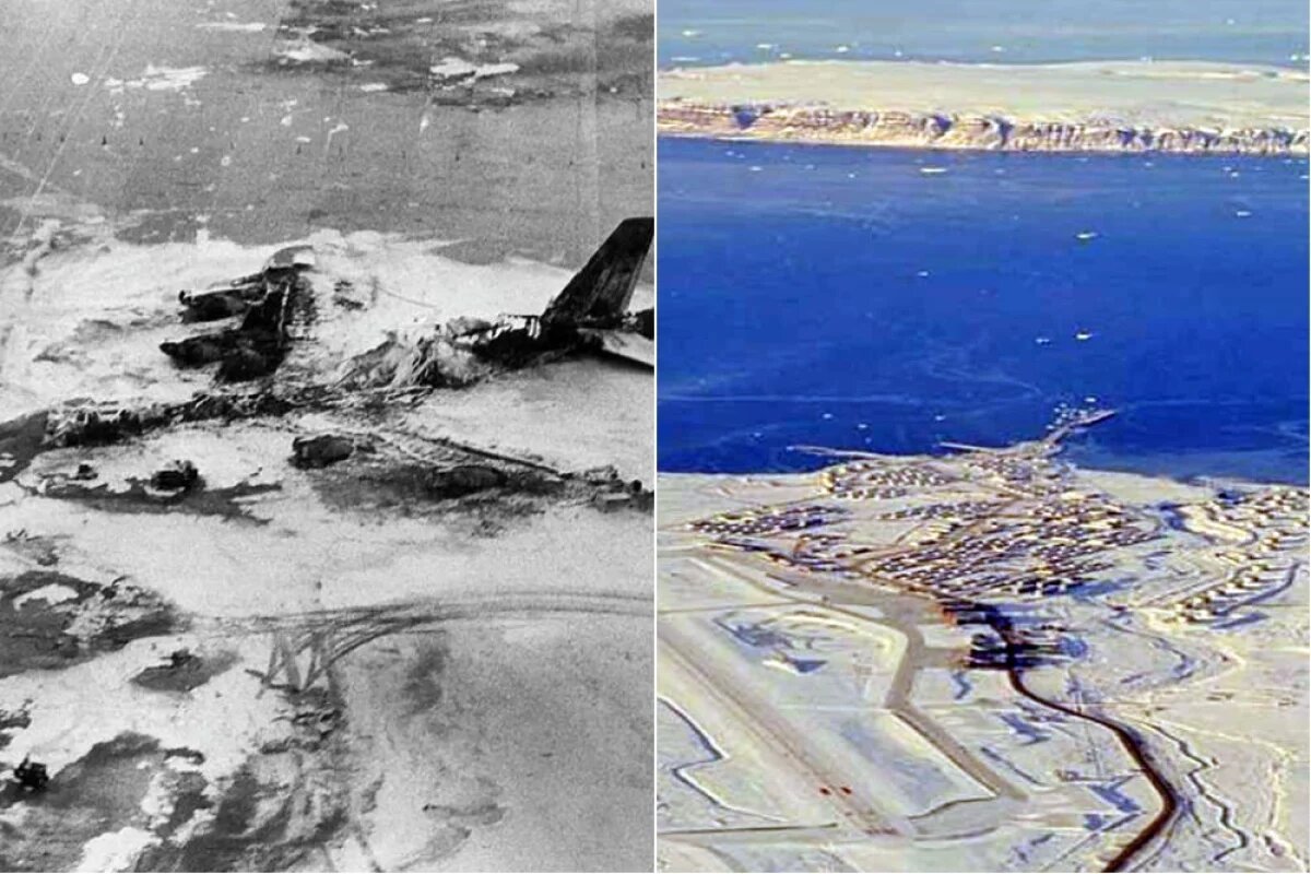    Неуправляемая машина потерпела крушение вблизи от базы; На переднем плане — авиабаза Туле, на заднем — залив Норт-Стар.