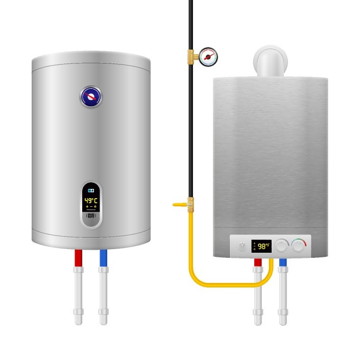 Бойлер косвенного нагрева (слева) и отопительный котел (справа)
