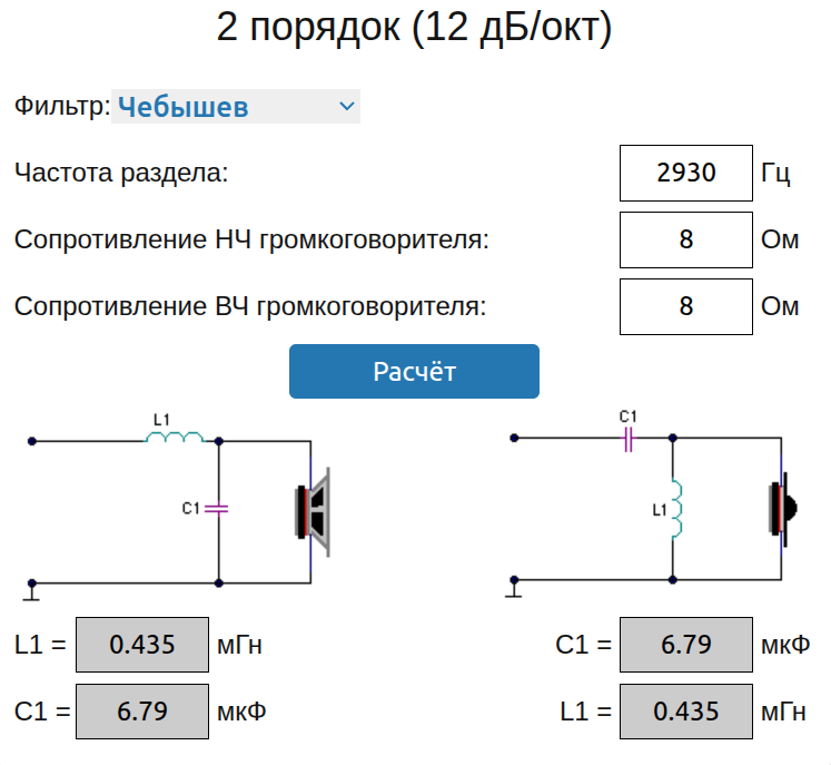 скриншот калькулятора для расчета фильтров