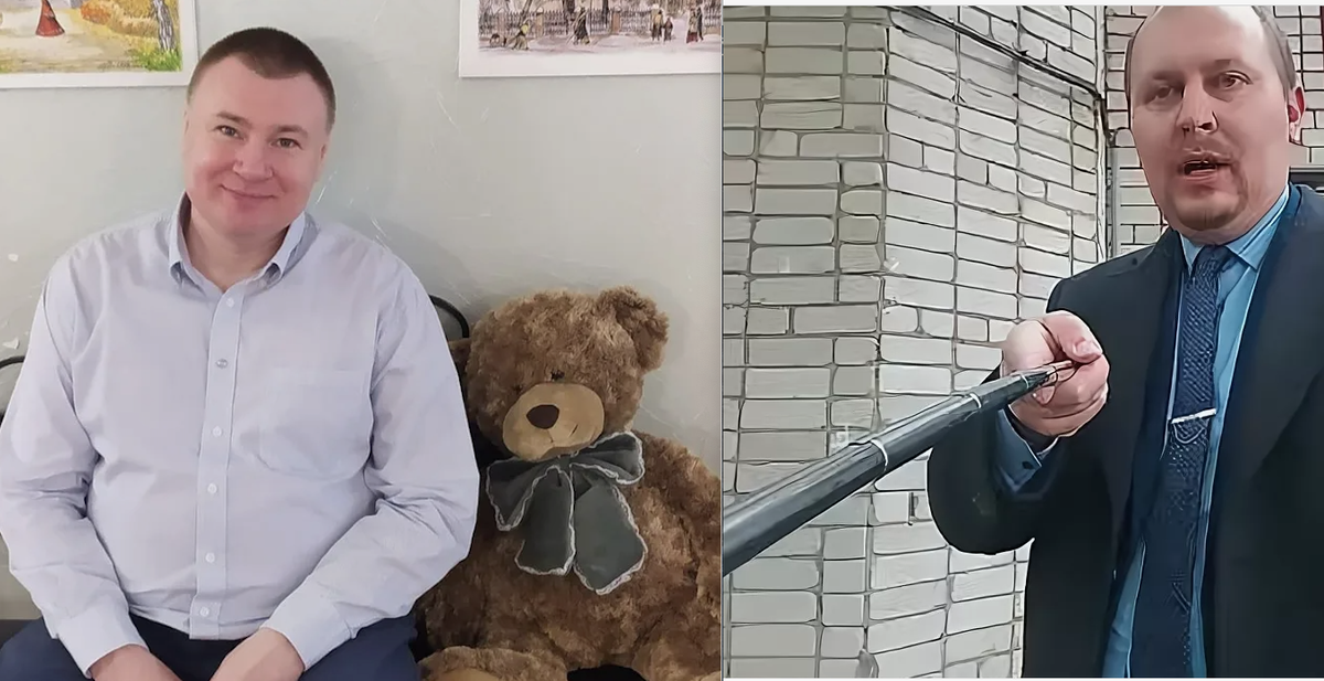 Долгих с медведем и Виядякин с палкой для селфи коллаж автора