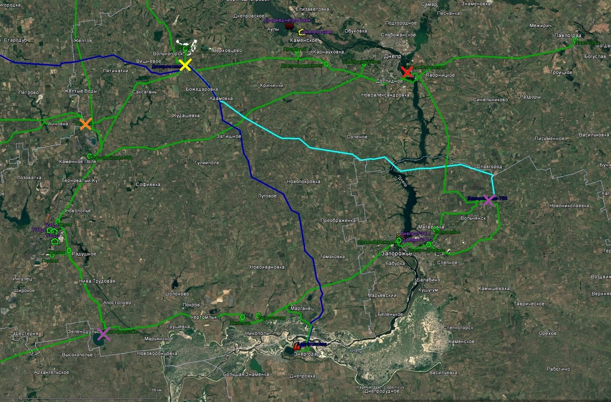 Украинская энергосистема в районе Днепропетровск – Запорожье – Кривой Рог. Синие линии – ВЛ 750 кВ, голубая – предположительно 330(750) кВ, зелёные – 330 кВ