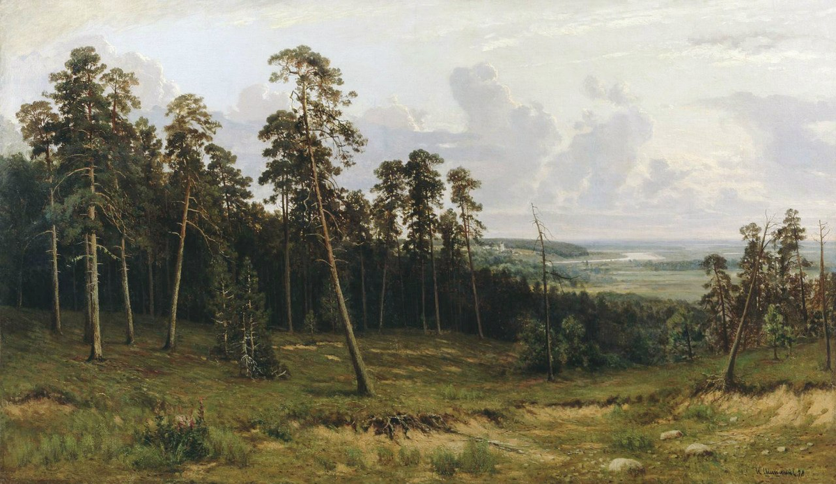 "Богатый лог (Пихтовый лес на реке Каме)", 1877 год. Холст, масло. 90 x 148 см. Пермская государственная художественная галерея. Шишкин Иван Иванович
