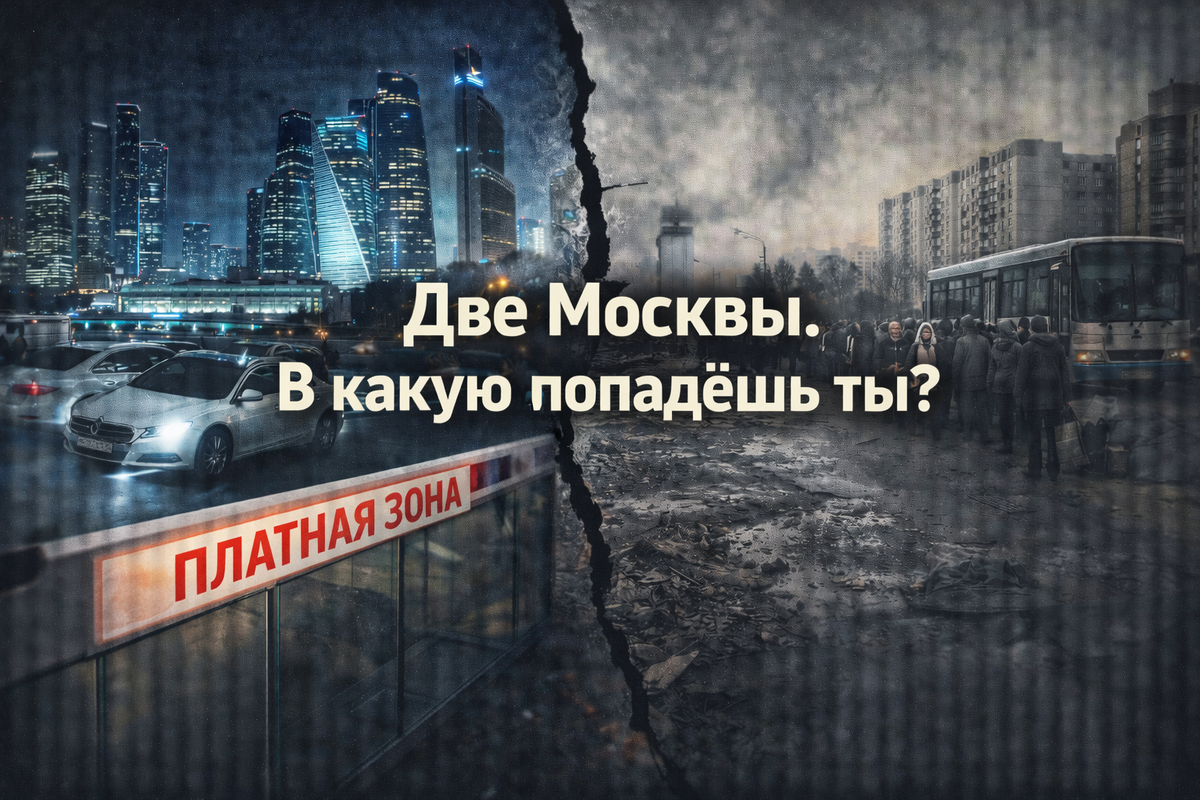 Контрастный коллаж: богатый деловой центр Москвы и депрессивный промышленный район. Иллюстрация к статье о социальном расслоении и платном въезде.