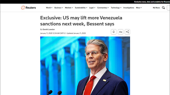    Бессент утверждает, что на следующей неделе США могут снять часть санкций с Венесуэлы. Скриншот: Reuters