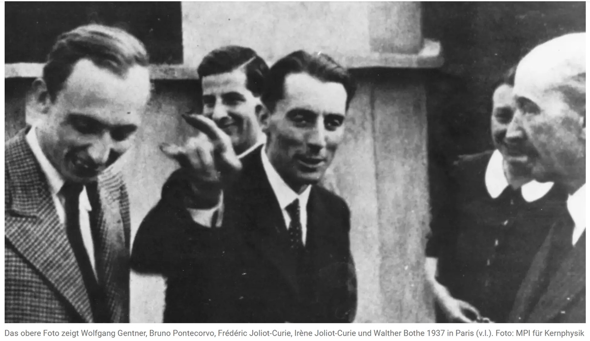 крайний справа Вальтер Боте, за ним Ирен Жолио-Кюри, в центре Фредерик Жолио-Кюри показывает на Вольфганга Гентнера, на заднем плане Бруно Понтекорво. фото 1937 года Париж