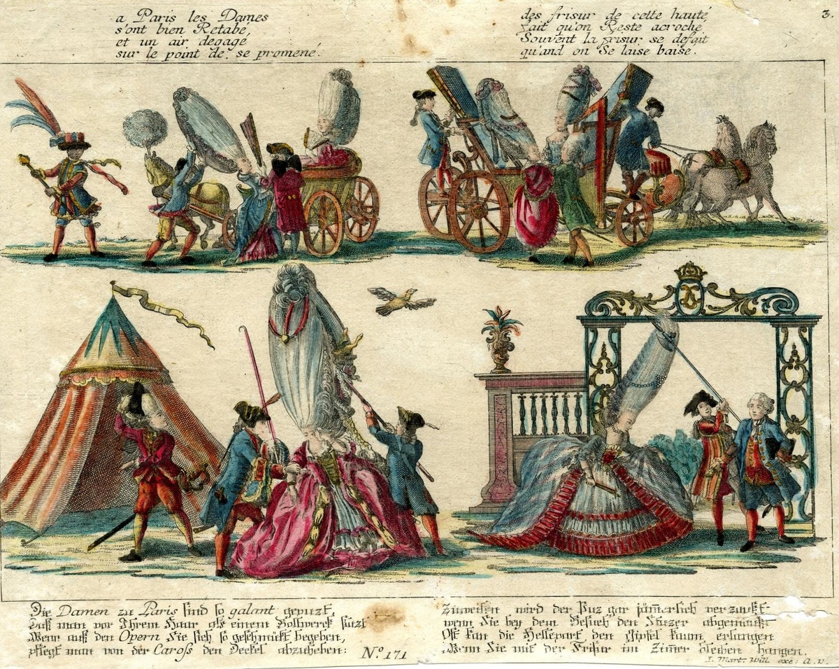 Четыре небольшие сцены, скопированные из французских сатир, высмеивающие высокие прически французских дам. 1770-е или начало 1780-х годов. Гравюра, раскрашенная вручную. Британский музей, Лондон 