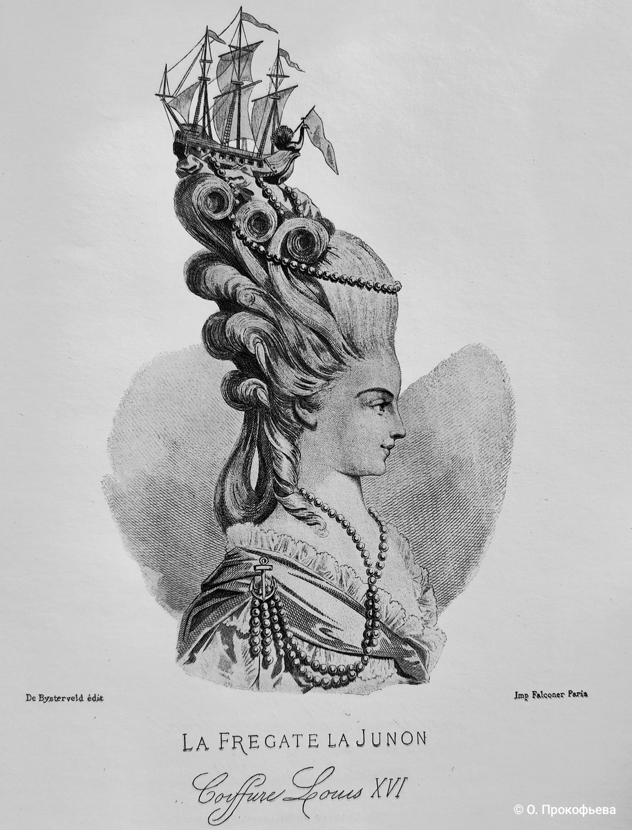 Прическа времен короля Людовика XVI. Из книги «Искусство и ремесло парикмахерского дела. Стандартное и полное руководство по технике современного парикмахерского искусства,маникюра, массажа и культуры красоты.» 1936