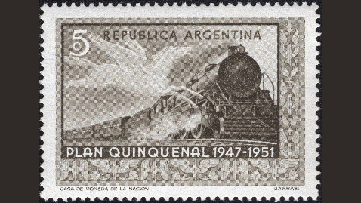1. Аргентина, 1951 год, № 585 B. Поезд с тенью пегаса. Пятилетний план 1947-1951. В галерее три марки из серии и почтовая карточка (нажмите правую стрелку).