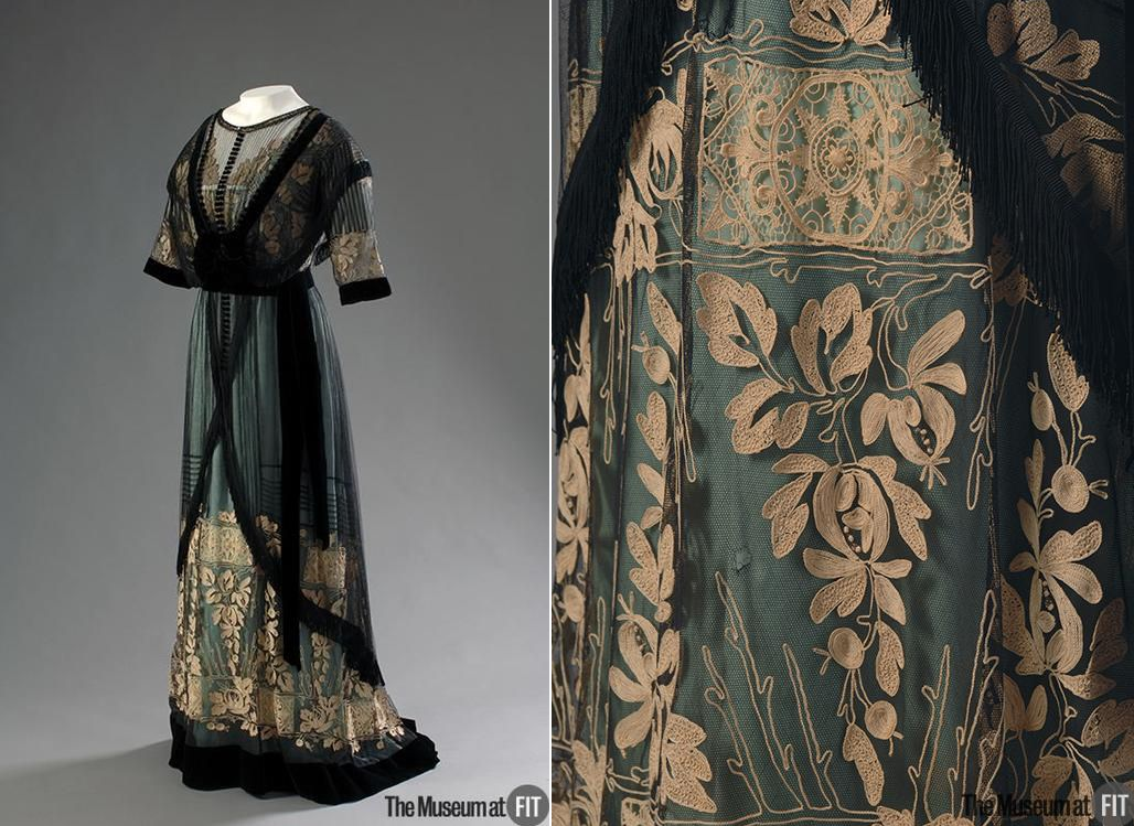 Вечернее платье от мадам Перси, 1910-е, музей Института технологий моды. Само платье - из серо-зелёного шёлка. Поверх него длинный, почти до пола тюник из прозрачного тюля, на груди, рукавах и подоле украшенный кружевными аппликациями. а уж поверх него - ещё один тюник из чёрного тюля, с отделкой из чёрного бархата!