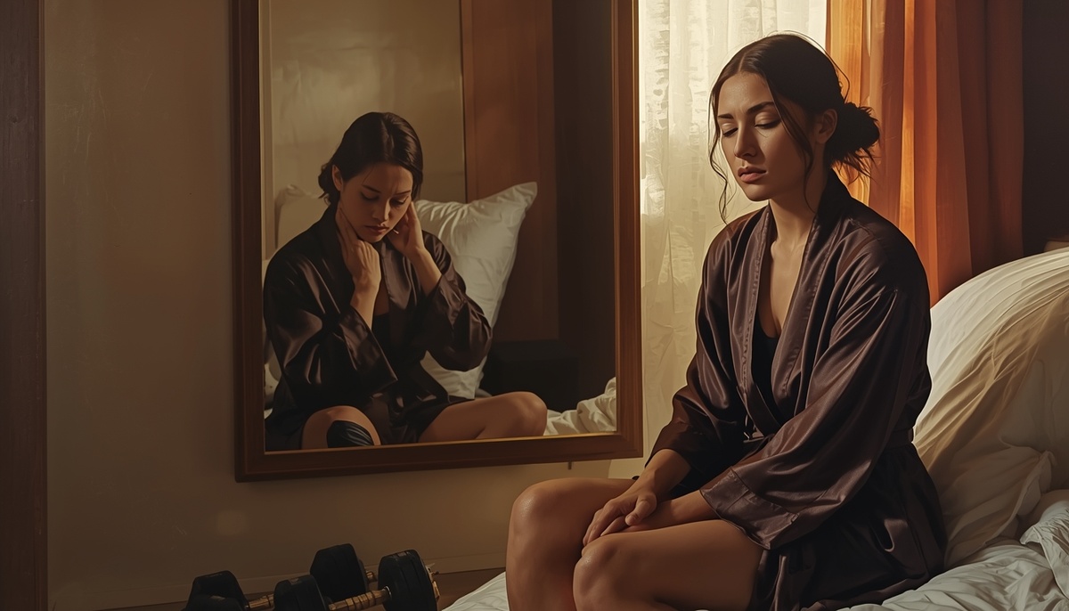 Женщина утром в своей спальне. Она сидит на краю кровати, одной рукой мягко разминает скованную шею. Второй рукой придерживает халат. Перед ней — зеркало в деревянной раме. В отражении видно не только ее уставшее, «поплывшее» лицо с легкими морщинами, но и едва уловимый призрак ее молодого, жесткого «фитнес-я»