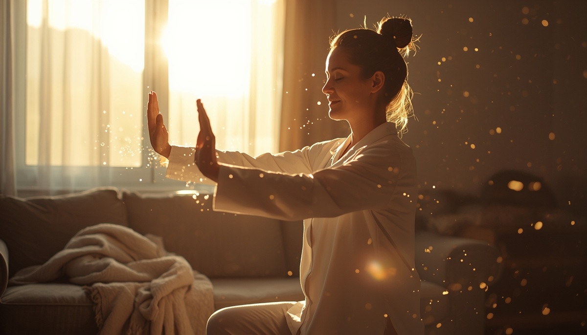 :Женщина в пижаме практикует Цигун на рассвете в собственной гостиной.