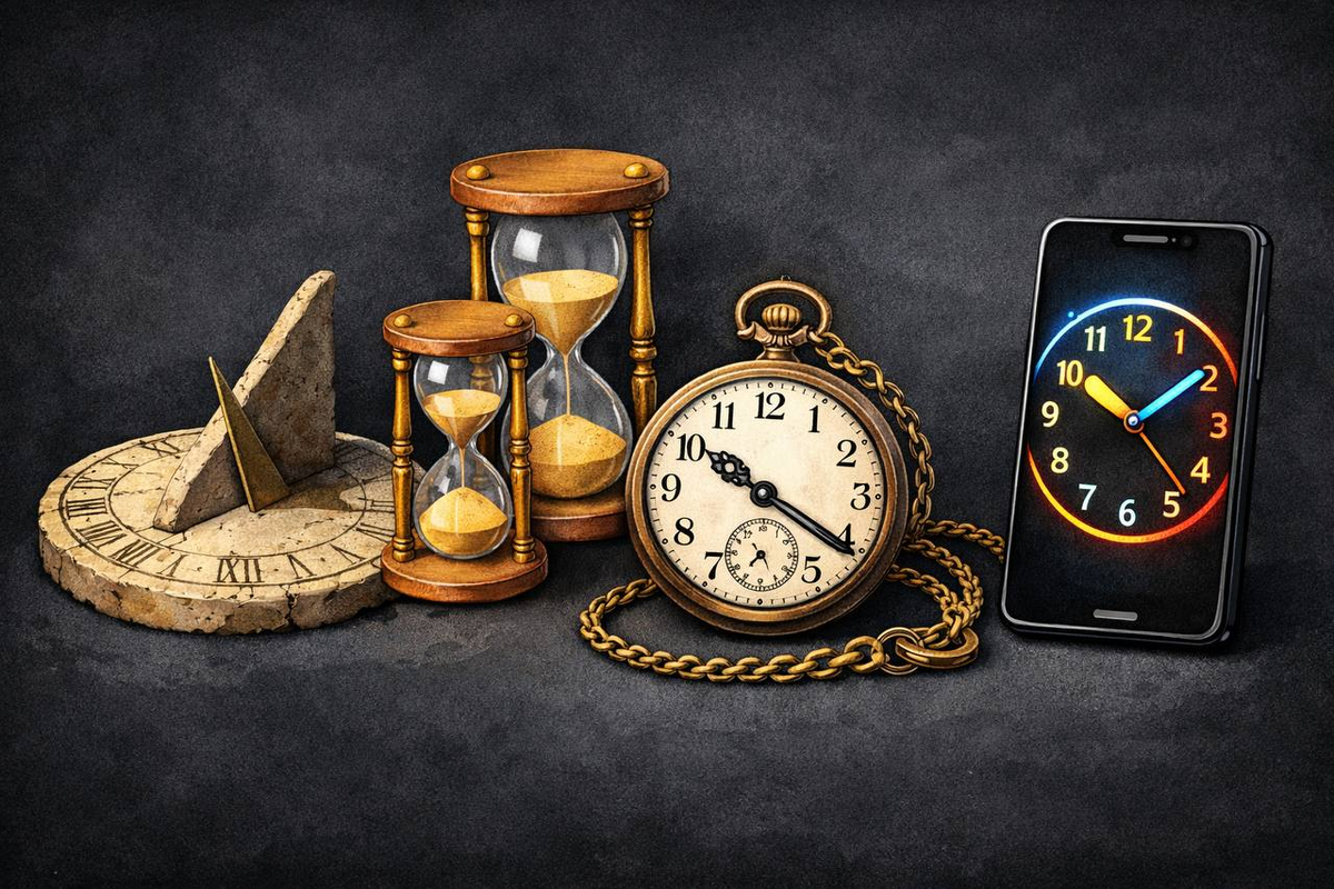 Эволюция приборов для измерения времени от солнечных часов до смартфона.