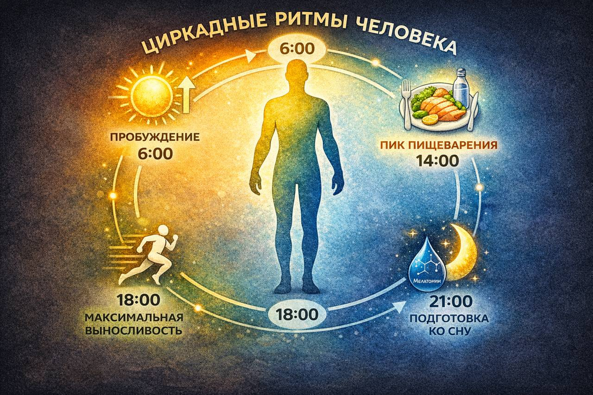 Инфографика о том, как циркадные ритмы управляют функциями организма в течение суток.