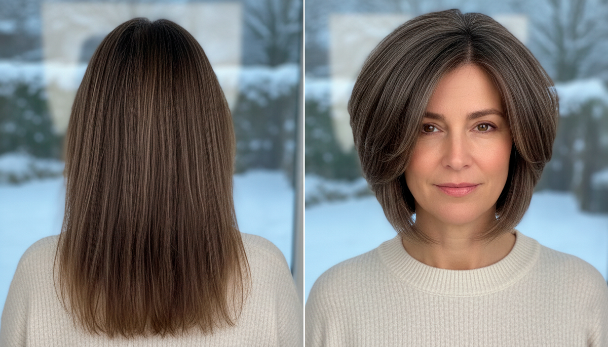 Одна женщина, две стрижки. Слева — длинные тонкие волосы, прилизаны к голове, концы мёртвые, ноль объёма. Справа — градуированный боб, волосы приподняты у корней сами, живые, пышные. Никакого лака! Вот что делает правильная стрижка.