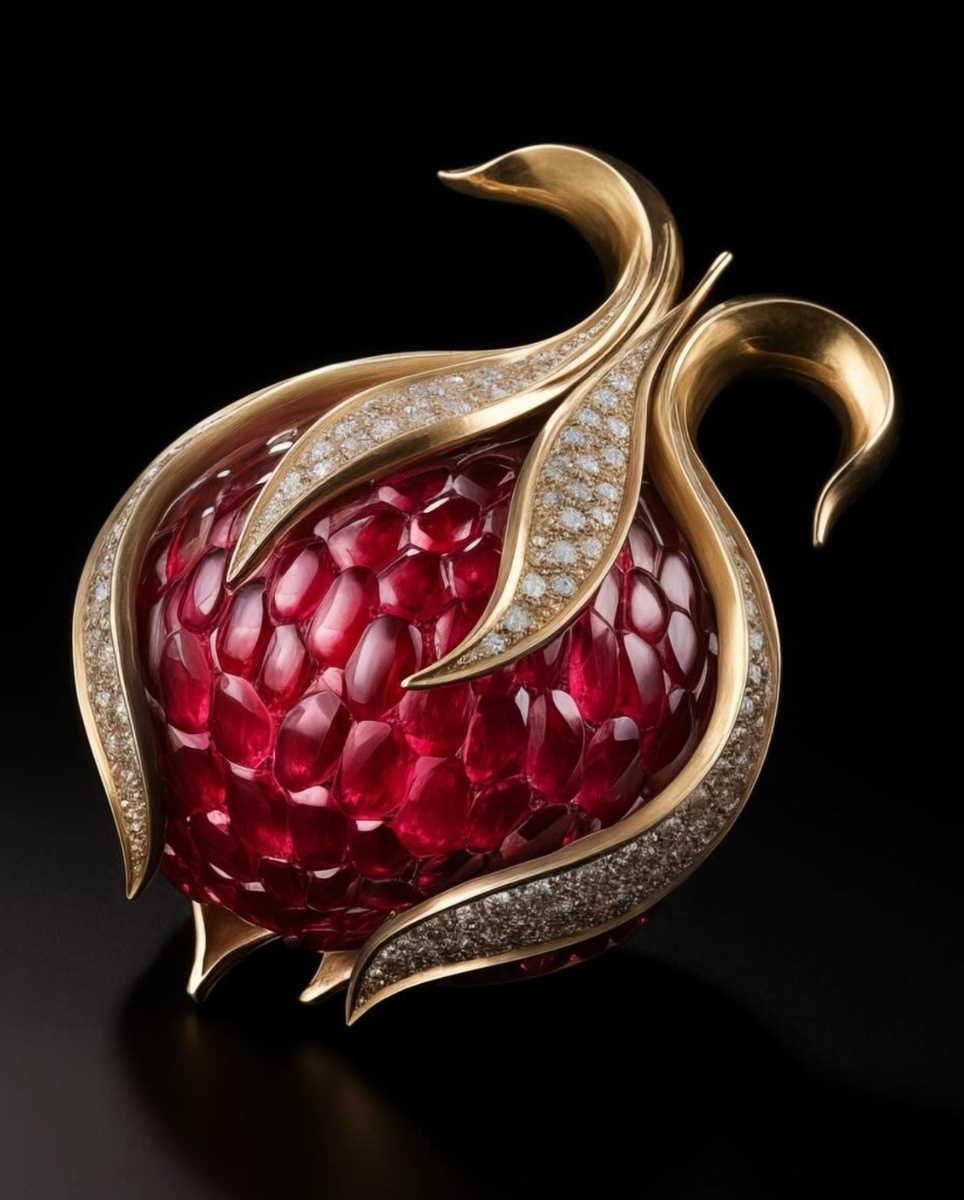 Брошь, гранаты и бриллианты, золото, современная брошь.