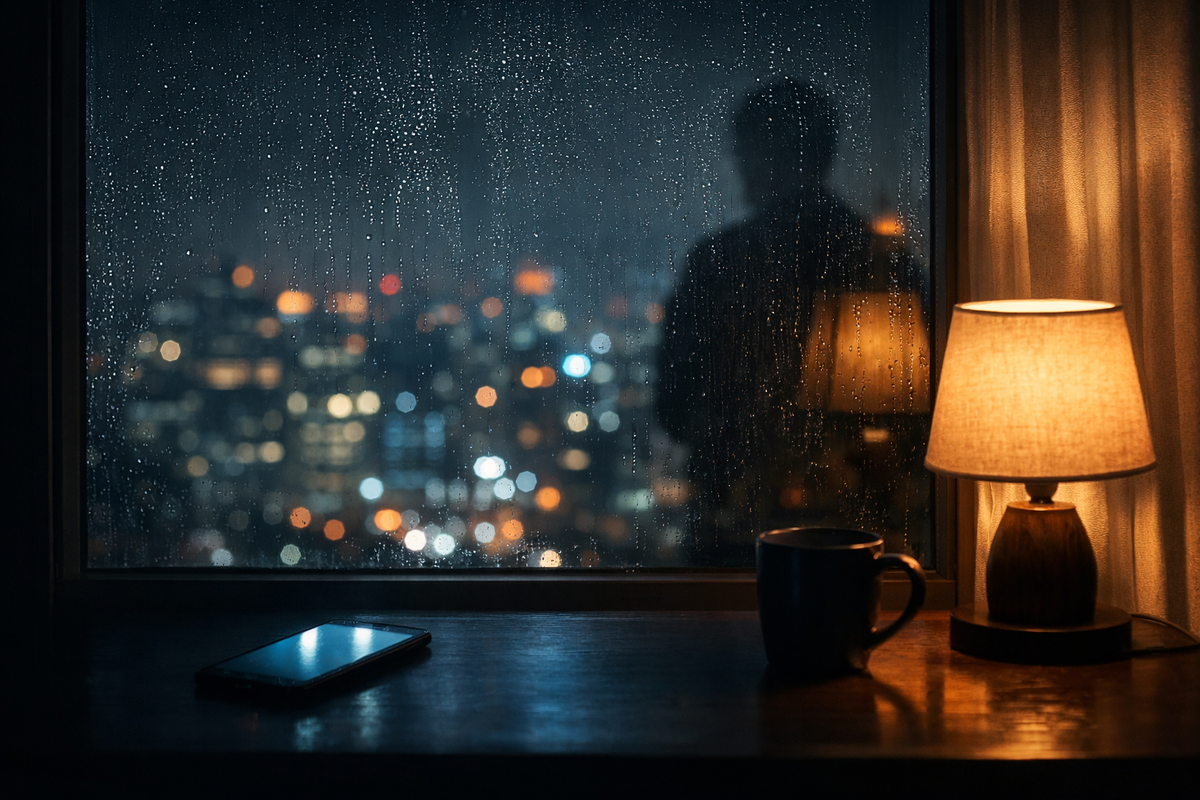 Ночной город за окном. Телефонный разговор в тишине.