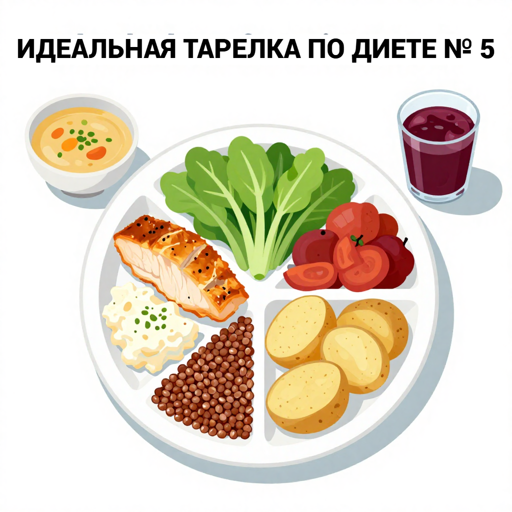 Тарелка визуально разделена на секции: 1/2 тарелки — овощи (свежие, тушеные), 1/4 тарелки — белок (кусок запеченной рыбы/курицы/творожная запеканка), 1/4 тарелки — сложные углеводы (гречка, бурый рис, запеченный картофель). Рядом — небольшая пиала супа и стакан компота