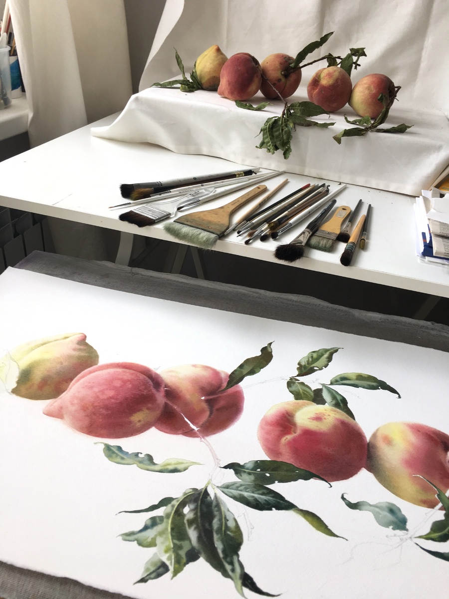 Сначала я написала персики и веточки с листочками пока они не увяли окончательно... Что-то космическое есть в изображении, пока оно не "привязано" к плоскости и "парит" в пространстве белого листа. 