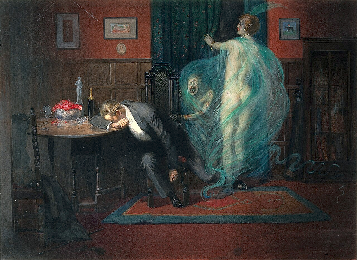 Сифилис здесь показан не как клинический случай, а как персонифицированная угроза - зловещая фигура с почти демоническими чертами. Это визуальный язык эпохи, когда инфекционные болезни осмысливались через страх, мораль и социальную опасность.