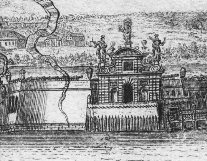 Петровские ворота. С гравюры А.Зубова 1716 г. Источник: www.citywalls.ru 