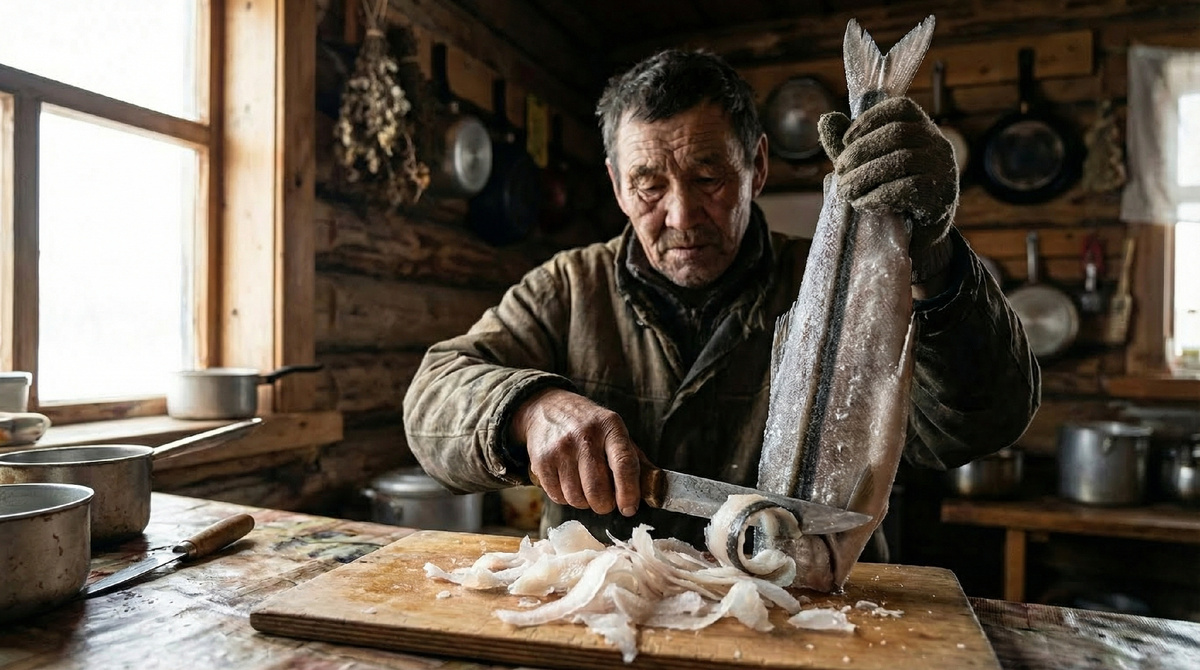 Та самая строганина из сига. В московском ресторане за это блюдо попросят 5000 рублей, а здесь свежайшую рыбу просто раздают соседям 