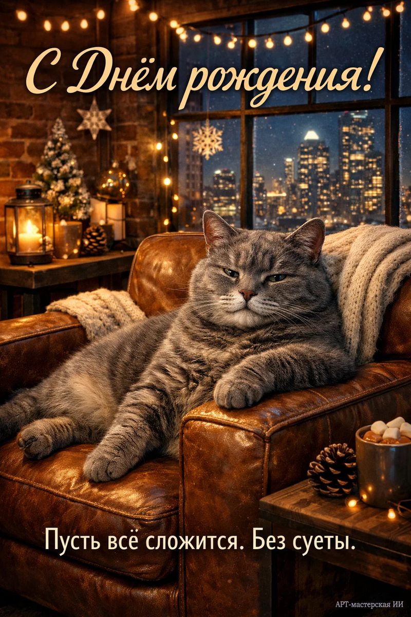 Открытка из серии «Поздравления от брутального кота», подготовленные автором АРТ-мастерская ИИ 🐾