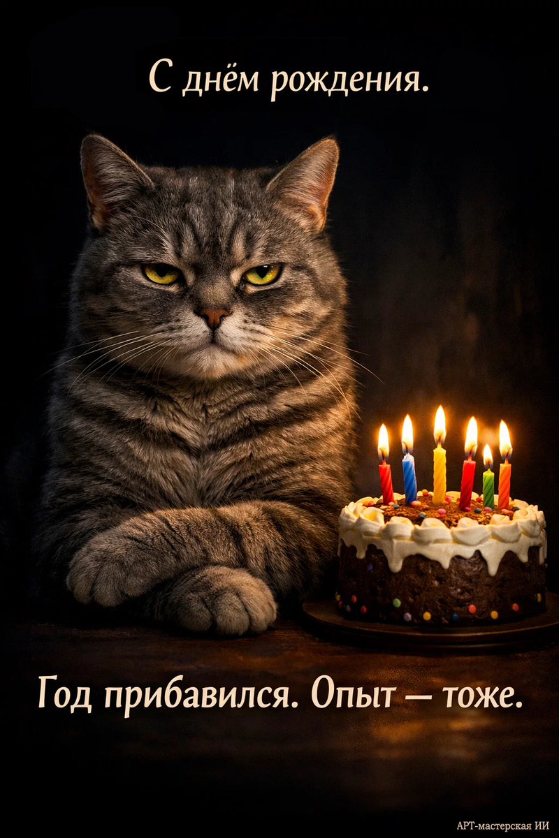 Открытка из серии «Поздравления от брутального кота», подготовленные автором АРТ-мастерская ИИ 🐾