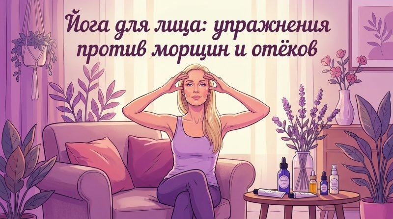 Женщина занимается фейс йогой дома и использует натуральную косметику в уходе за лицом