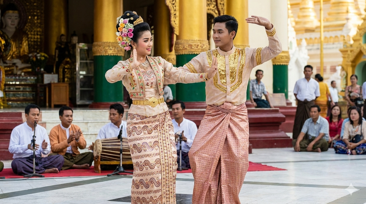 Костюмы для народных танцев Мьянмы. Изображение сгенерировано нейросетью Gemini.