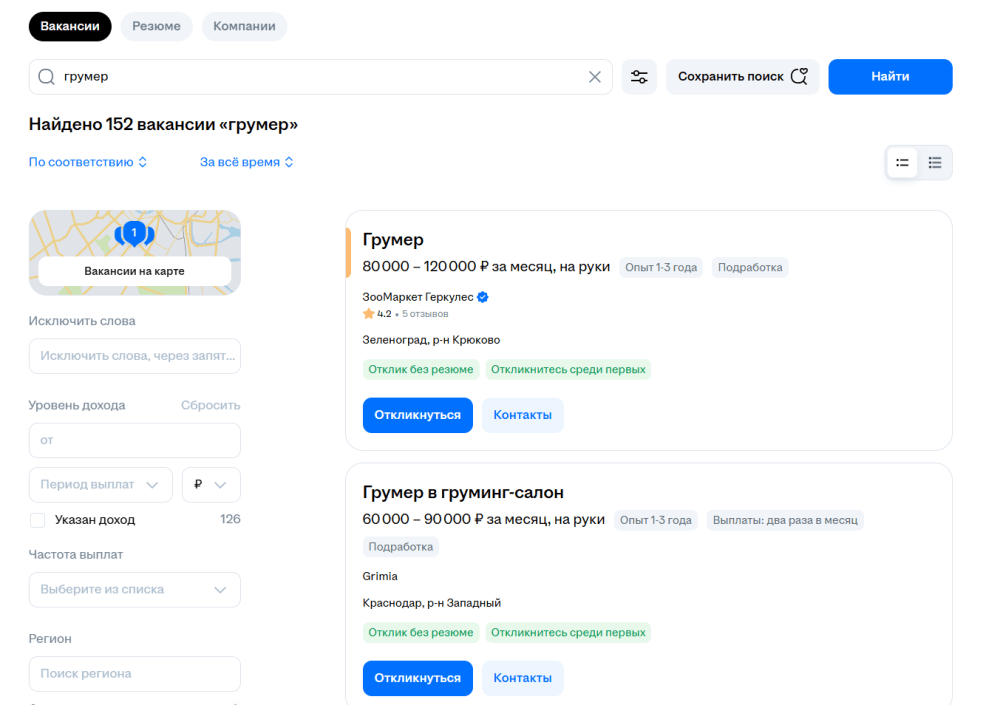 Почти половина всех вакансий грумера — в Москве и Московской области. Источник — hh.ru