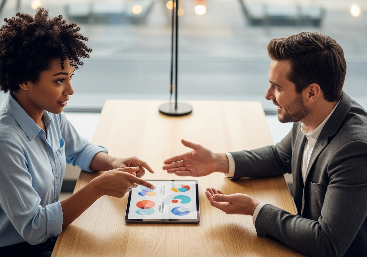 Клиент выбирает пакет услуг, обсуждая варианты.