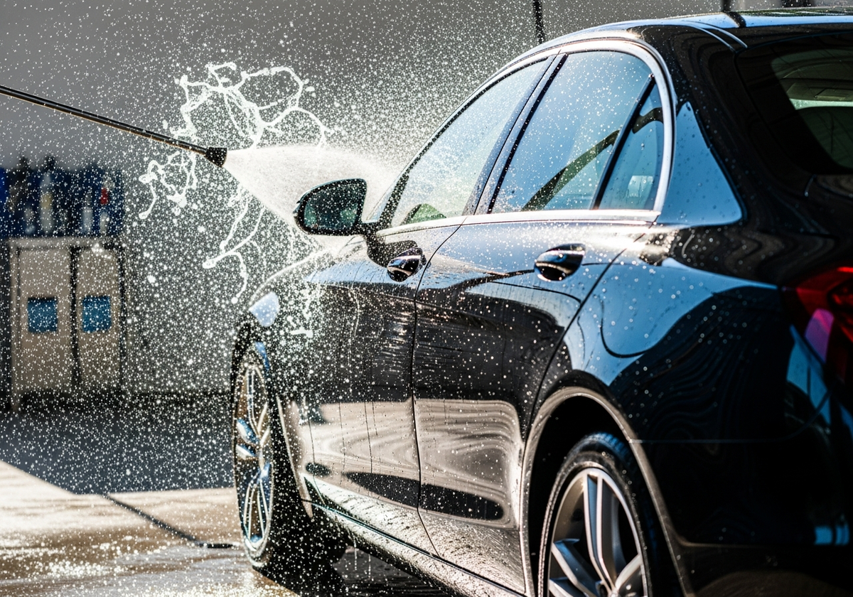 Автомобиль на мойке, готовый к выдаче клиенту