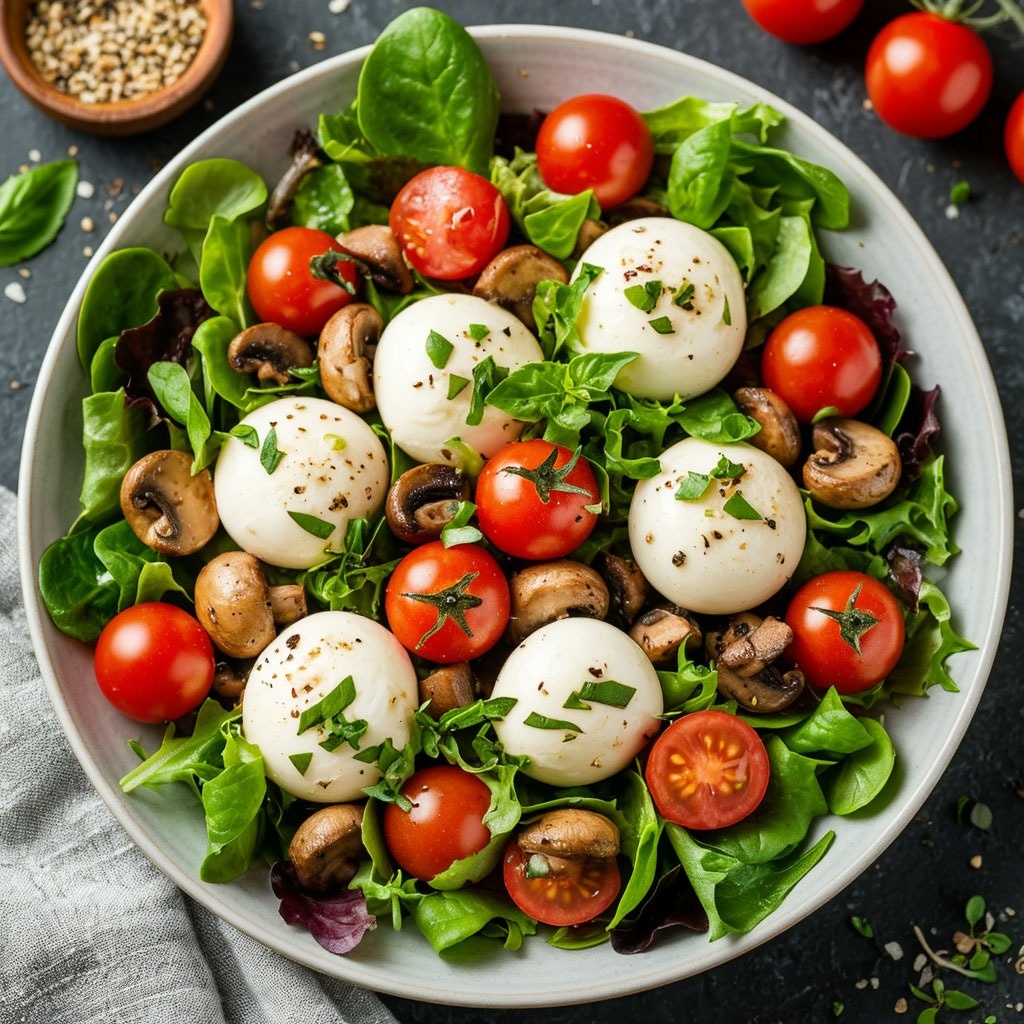 Салат с шампиньонами, помидорами черри и сыром скаморца
