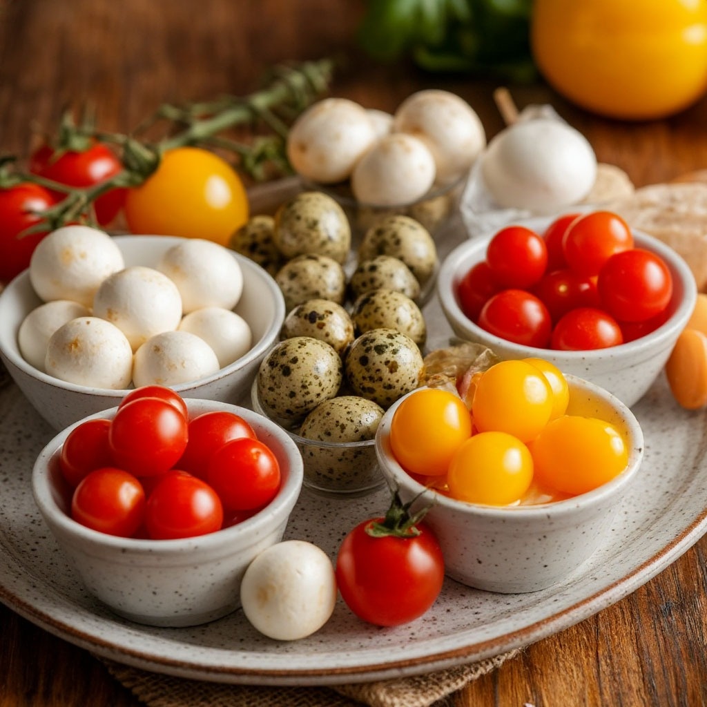 Шампиньоны, томаты черри, сакморца, перепелиные яйца