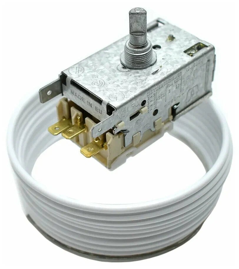 Так выглядит термостат бытового холодильника с сильфонной трубкой (белая оплетка) - 2.5м