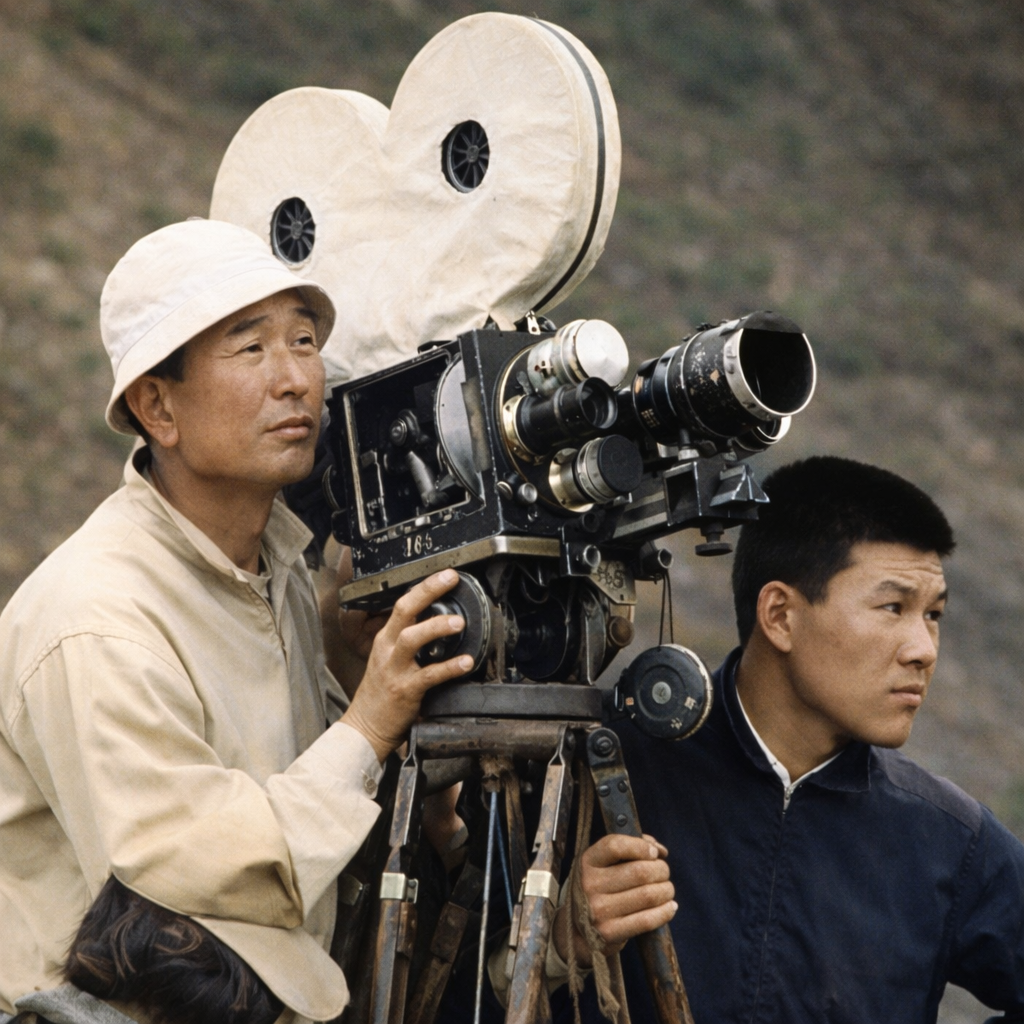 Акира Куросава с кинокамерой на съемочной площадке 1950-е годы