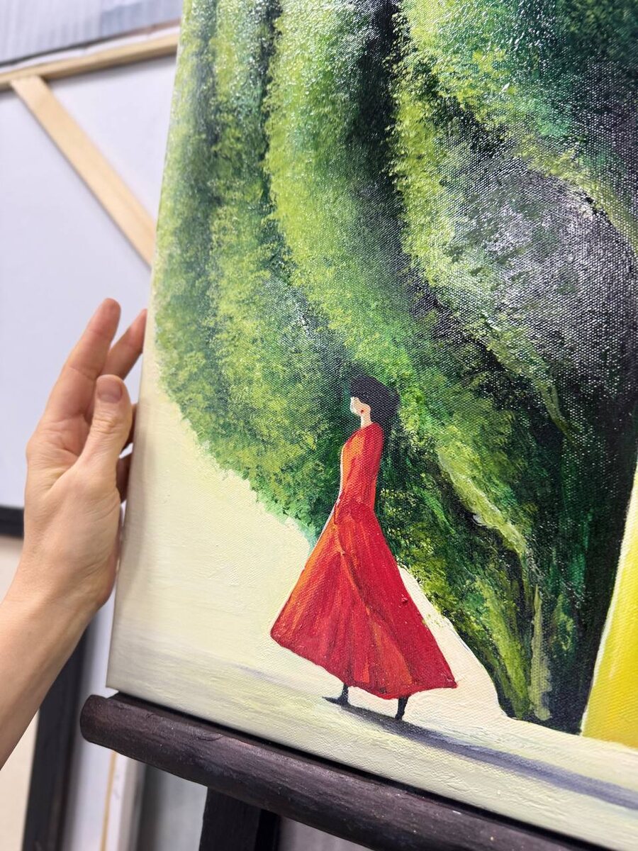 Деталь картины: девушка в красном платье