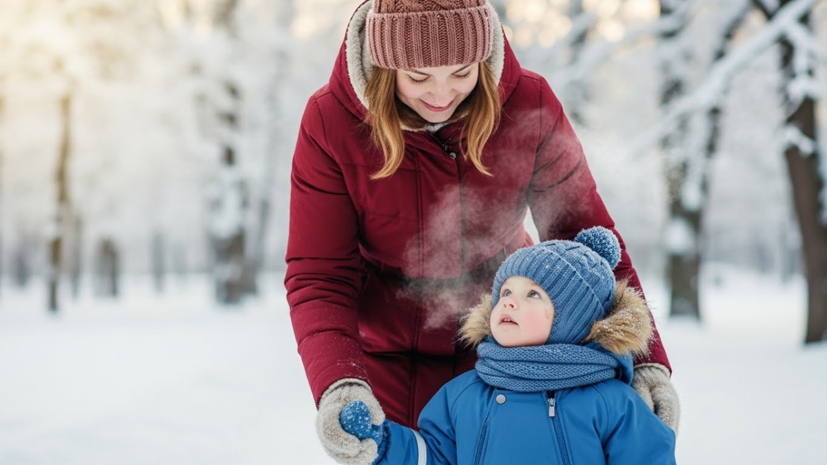 Зимняя прогулка с ребёнком: мама и малыш идут по заснеженному парку.