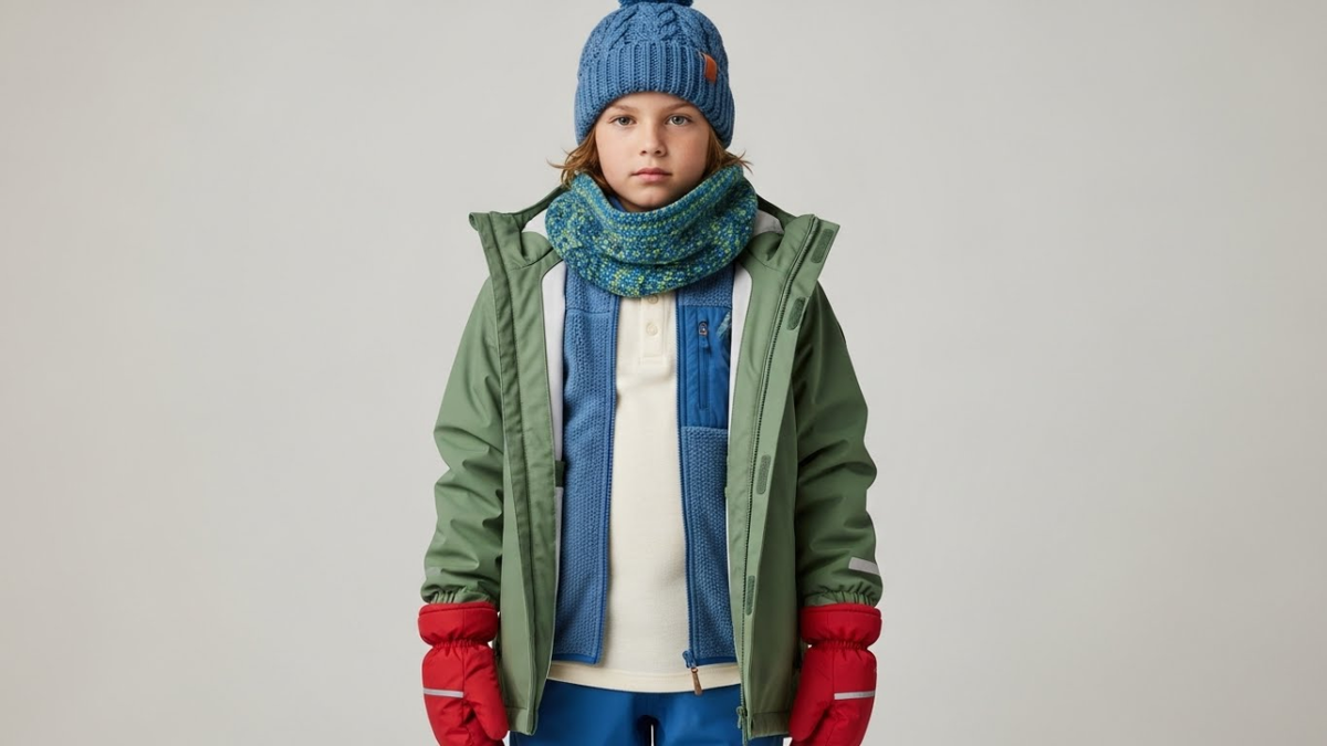 Ребёнок одет по принципу многослойности: термобельё, флисовый слой, мембранная куртка, варежки, шапка, шарф.