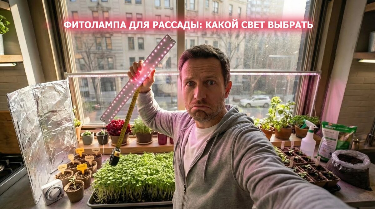 Линейная светодиодная фитолампа на подвесах над рассадой на подоконнике