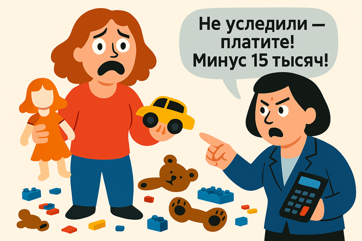 Заведующая провела ревизию игрушек в группе. Куклы сломаны, машинки исчезли. — Вычту из зарплаты 15 000! Вы материально ответственная! Я в шоке. Дети ломают всё! Я должна платить за каждый кубик?