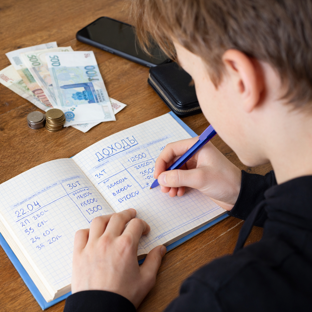 Подросток записывает доходы в блокнот за столом