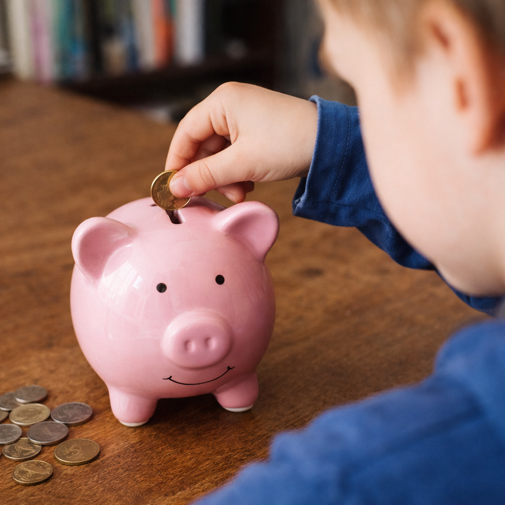 Ребенок кладет монеты в копилку-свинью